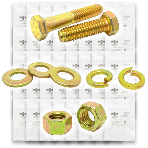 Boltsandnuts.Com Grade 8 Hex Cap Scrws, HexNuts, Flat & Lock Wshrs Zinc Yellow 1/4in, 5/16in 3/8in, & 1/2in -1268PCS Assortment Kit #358 - main